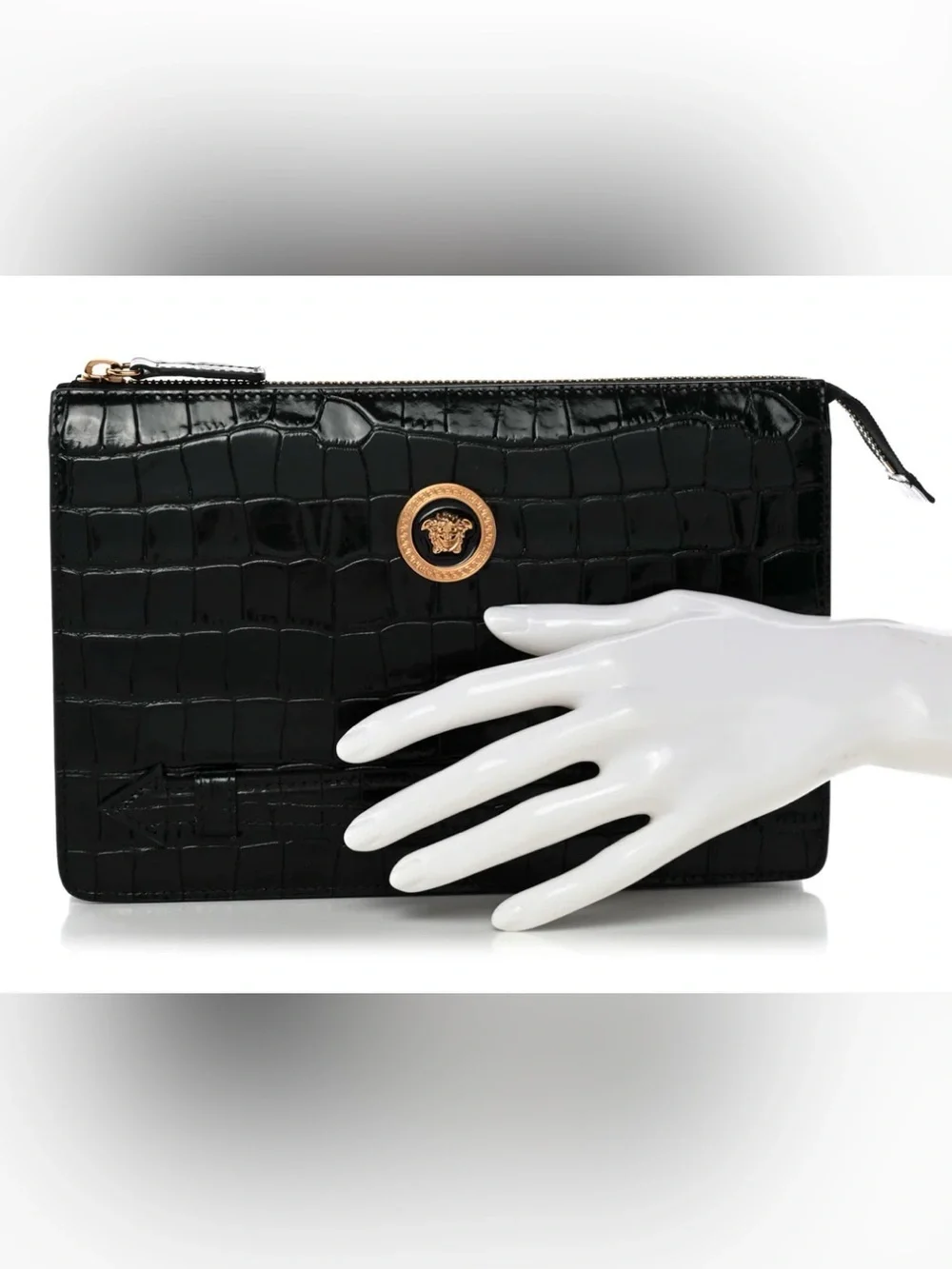 Versace Black Croc-Embossed Leather Zip Pouch with Gold Medusa Accent